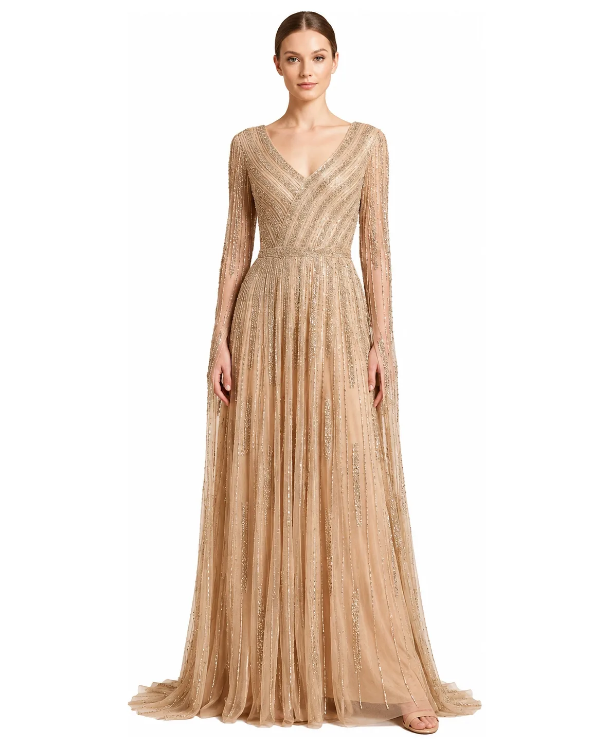 V-Neck Beaded Long Cape-Sleeve Dress