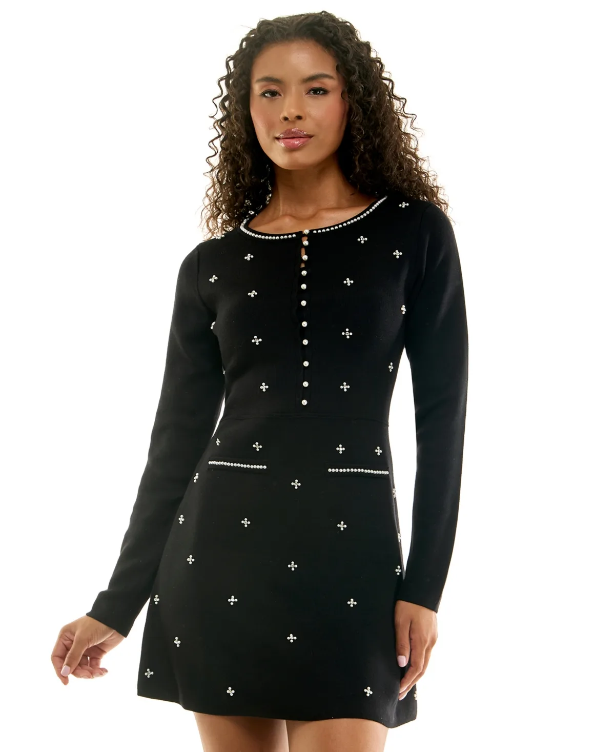 Long-Sleeve Pearl-Embellished A-Line Sweater Dress