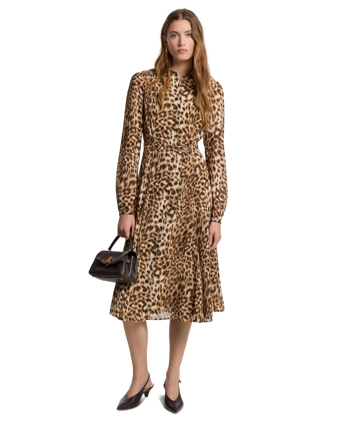 Leopard-Print Puffed-Sleeve Fit & Flare Midi Shirt Dress by MICHAEL Michael Kors