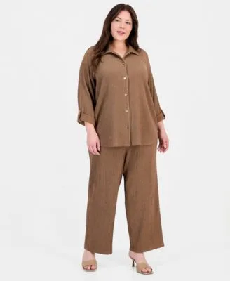 Button Front Roll Tab Sleeve Shirt Pull on Wide Leg Pants by Anne Klein