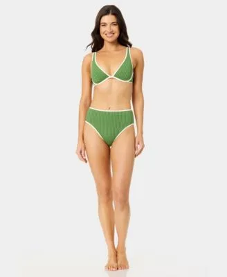 Wide Rib Bound Plunge Underwire Swim Top High Waist Bottoms by California Waves