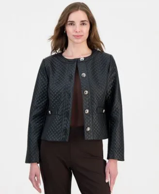 Quilted Faux Leather Button Front Jacket by JM Collection