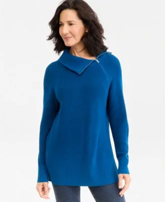 High Neck Zip Cotton Sweater by Style & Co