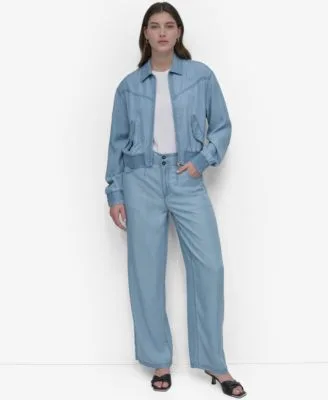 Chambray Zip Front Bomber Jacket Chambray Wide Leg Pants by DKNY