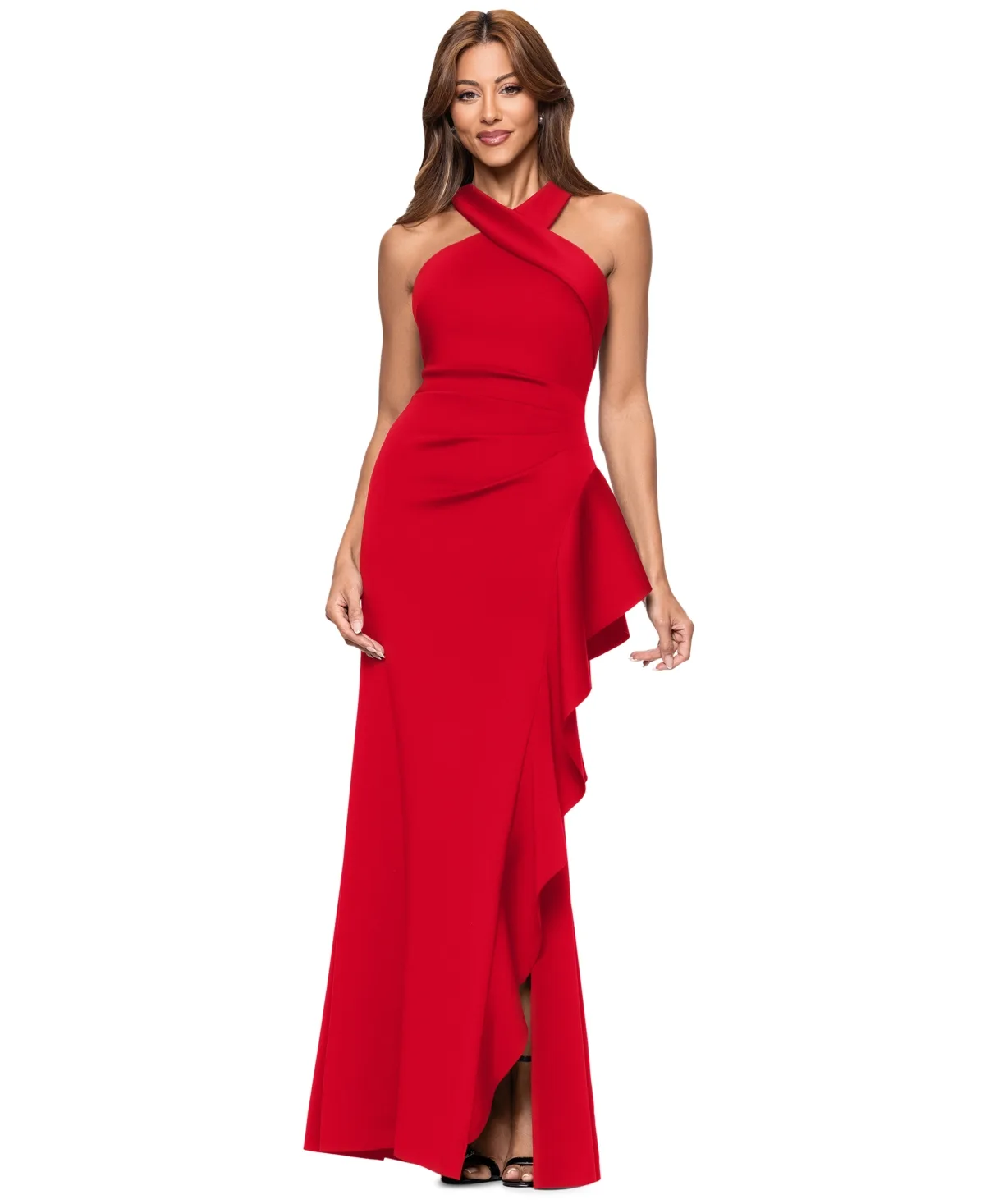 Crisscross Halter Side-Ruffled Gown by Xscape