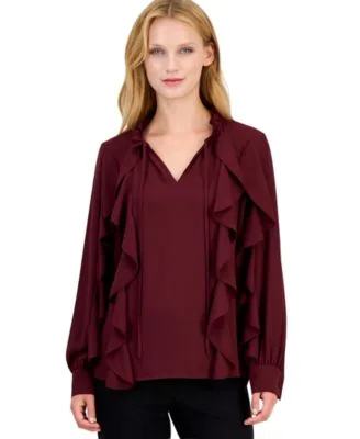 Long Sleeve Keyhole Ruffle Blouse by Anne Klein