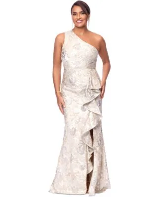 Metallic Jacquard One Shoulder Gown by Xscape
