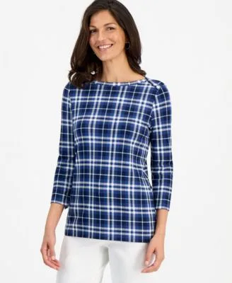 Printed Pima Cotton 3/4 Sleeve Boatneck Top by Style & Co