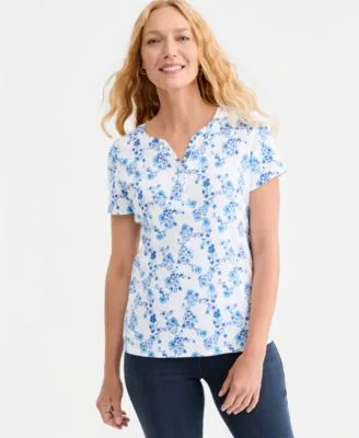 Printed Short Sleeve Henley Top by Style & Co