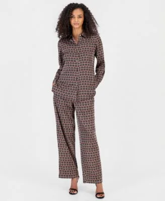 Collared Button Front Blouse High Rise Pull on Wide Leg Pants by Anne Klein