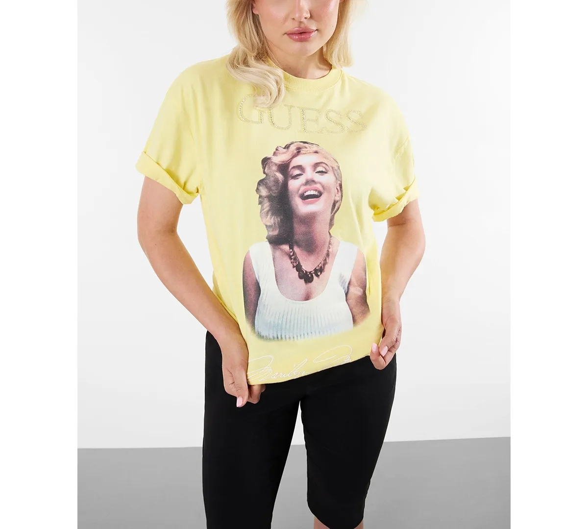 Marilyn Short-Sleeve Crewneck Oversized T-Shirt - Cotton Yelllow Acid Wash by GUESS