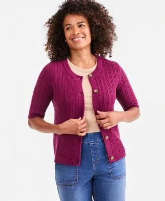 Cable Knit Short Sleeve Crewneck Cardigan by Style & Co