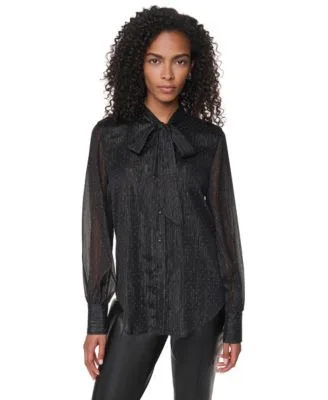Long Sleeve Polka Dot Tie Neck Blouse by DKNY