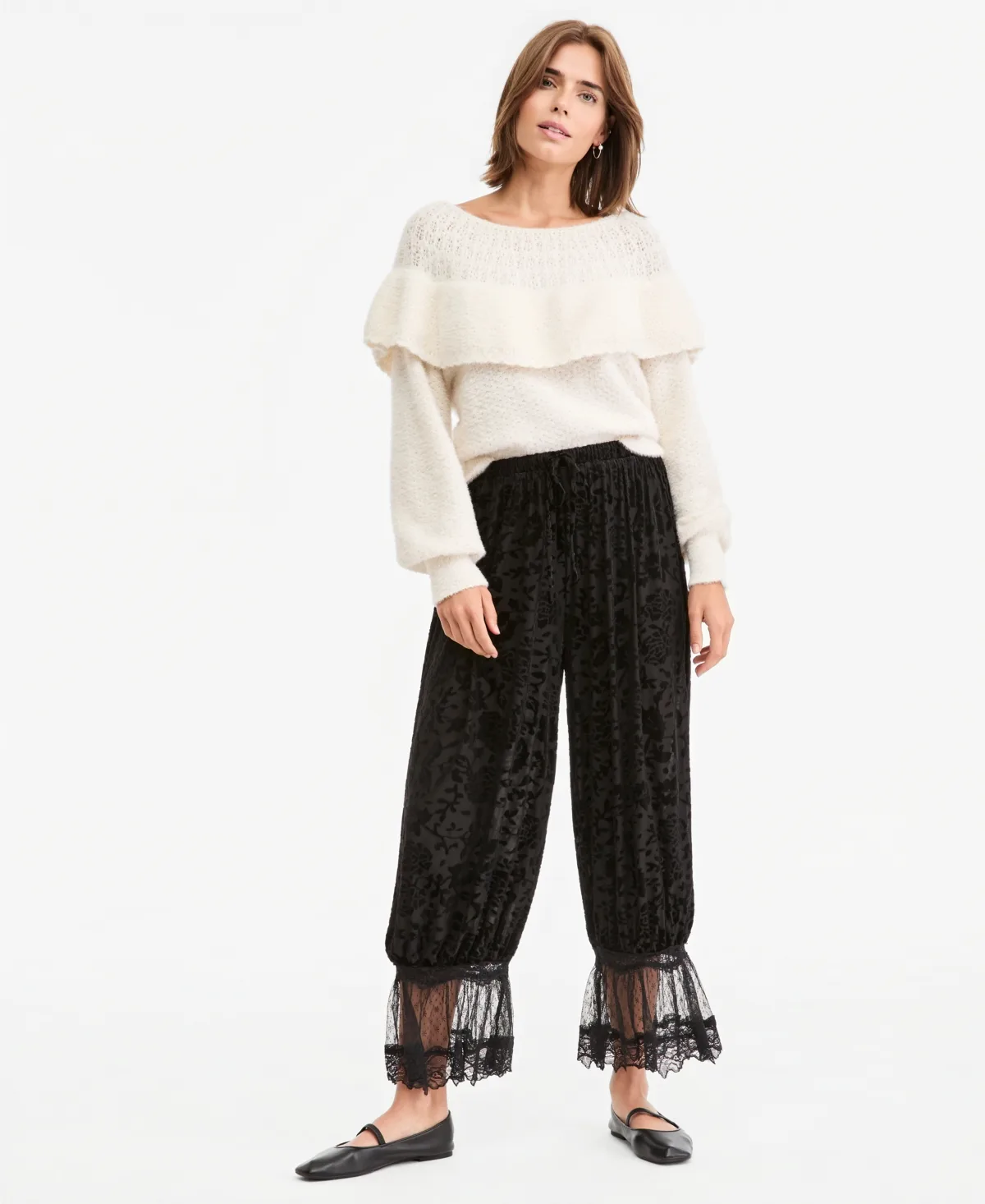 Velvet Burnout Wide-Leg Lace-Trim Pants by And Now This