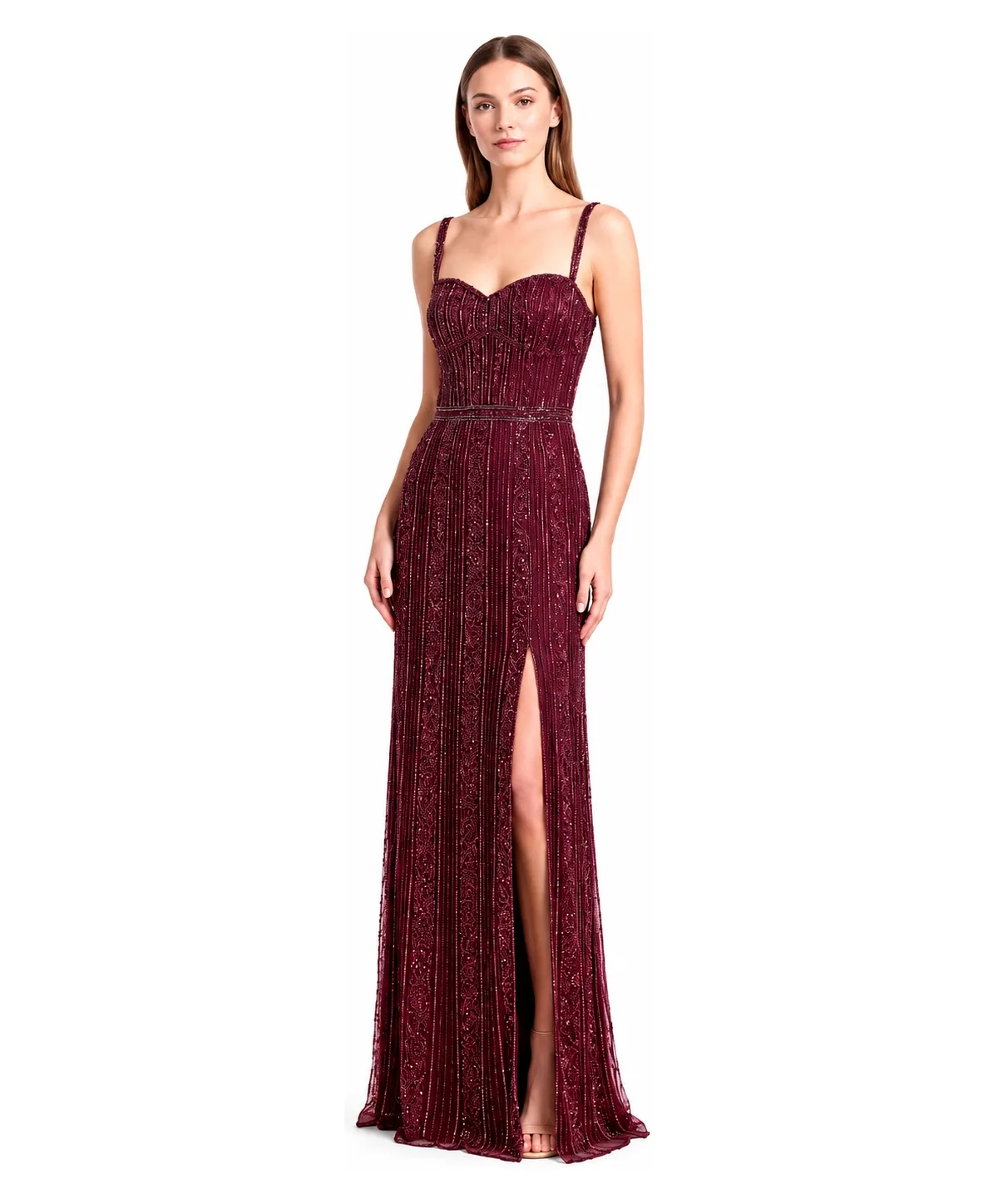 Spaghetti-Strap Beaded Gown by Lara