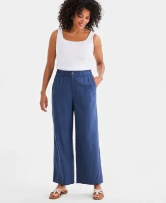 Linen Blend Button Front Wide Leg Pants by Style & Co