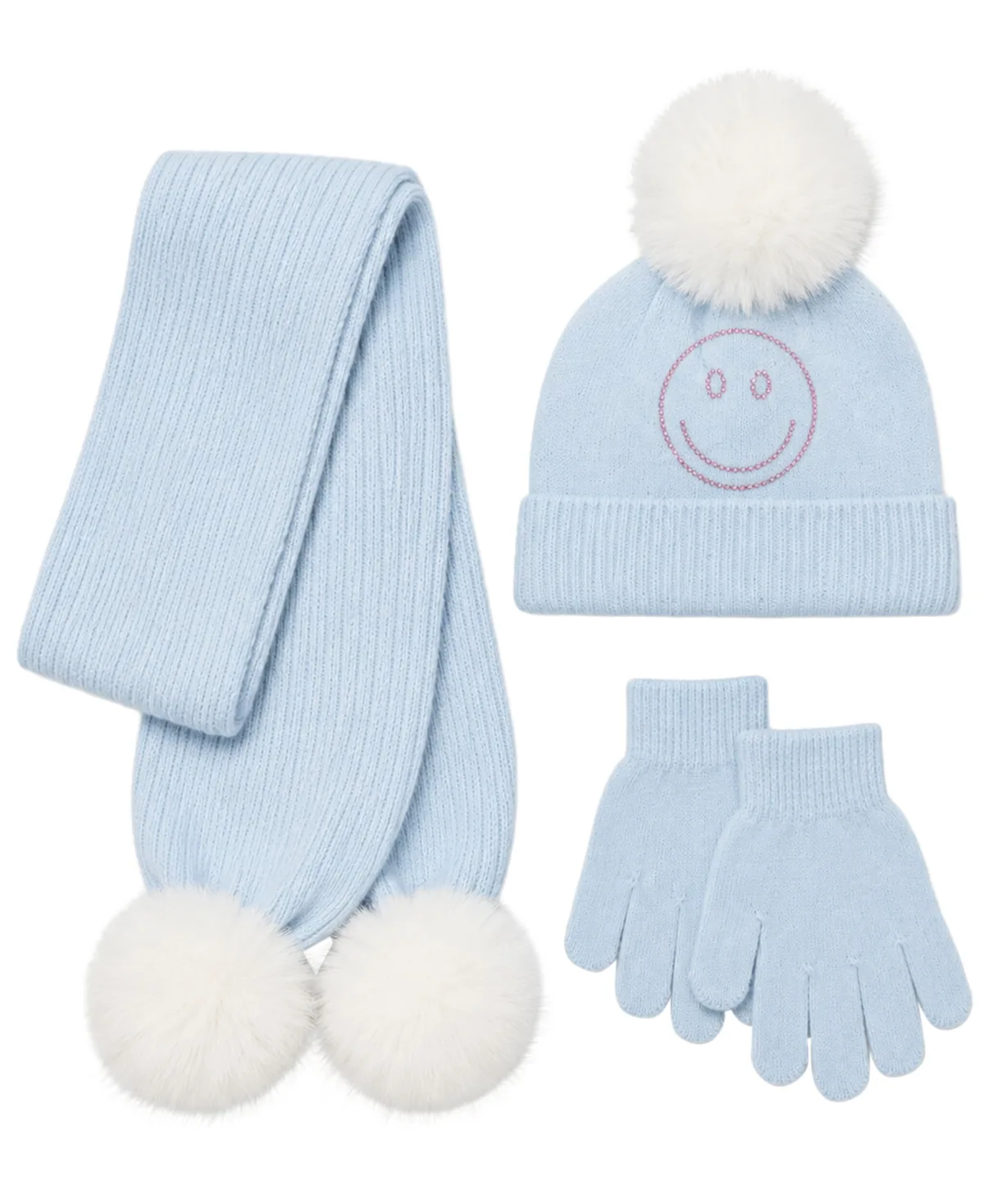 Smiley Sequin Pom-Pom Cold-Weather Hat, Scarf and Gloves, 3-Piece Set by Rainbow