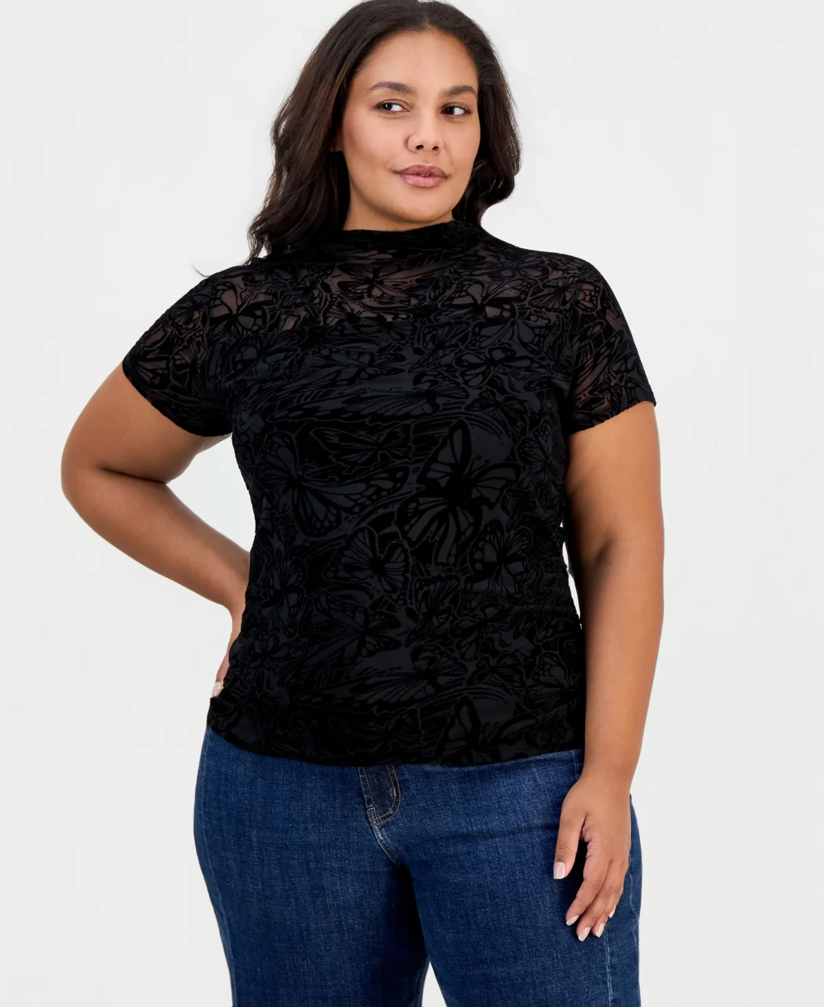 Flocked Mesh Side-Ruched Mock Neck Top by Full Circle Trends