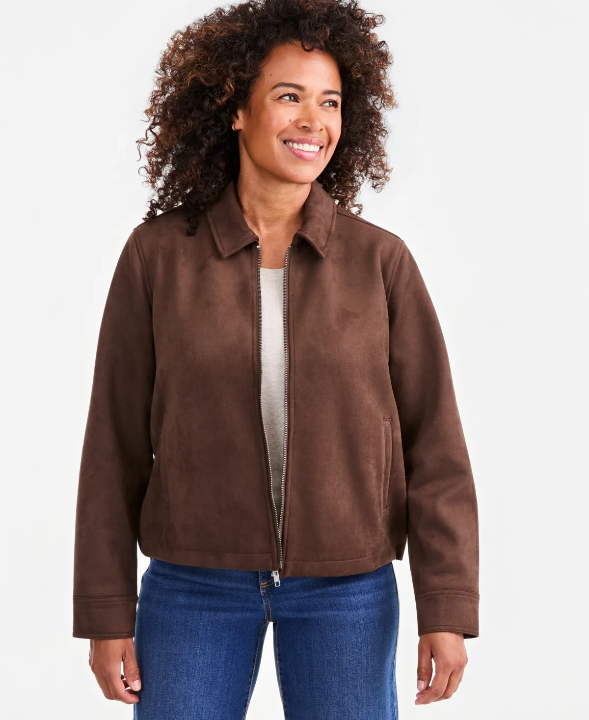 Cropped Relaxed-Fit Faux Suede Bomber Jacket by Style & Co