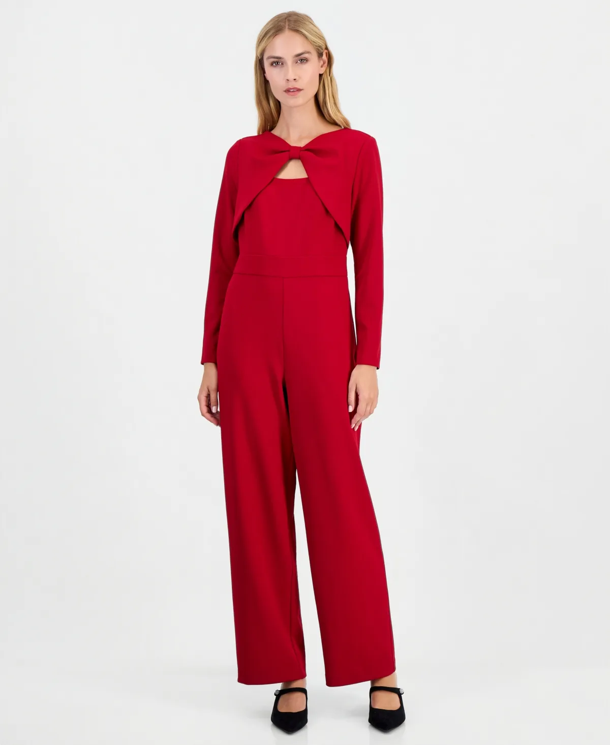 3/4-Sleeve Bow-Front Wide-Leg Jumpsuit by Kasper