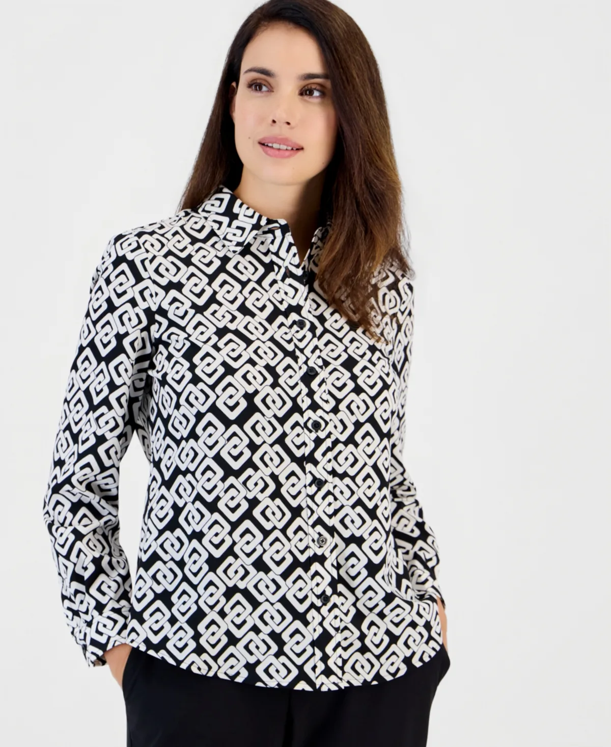 Essentials Long-Sleeve Houndstooth Button-Front Blouse