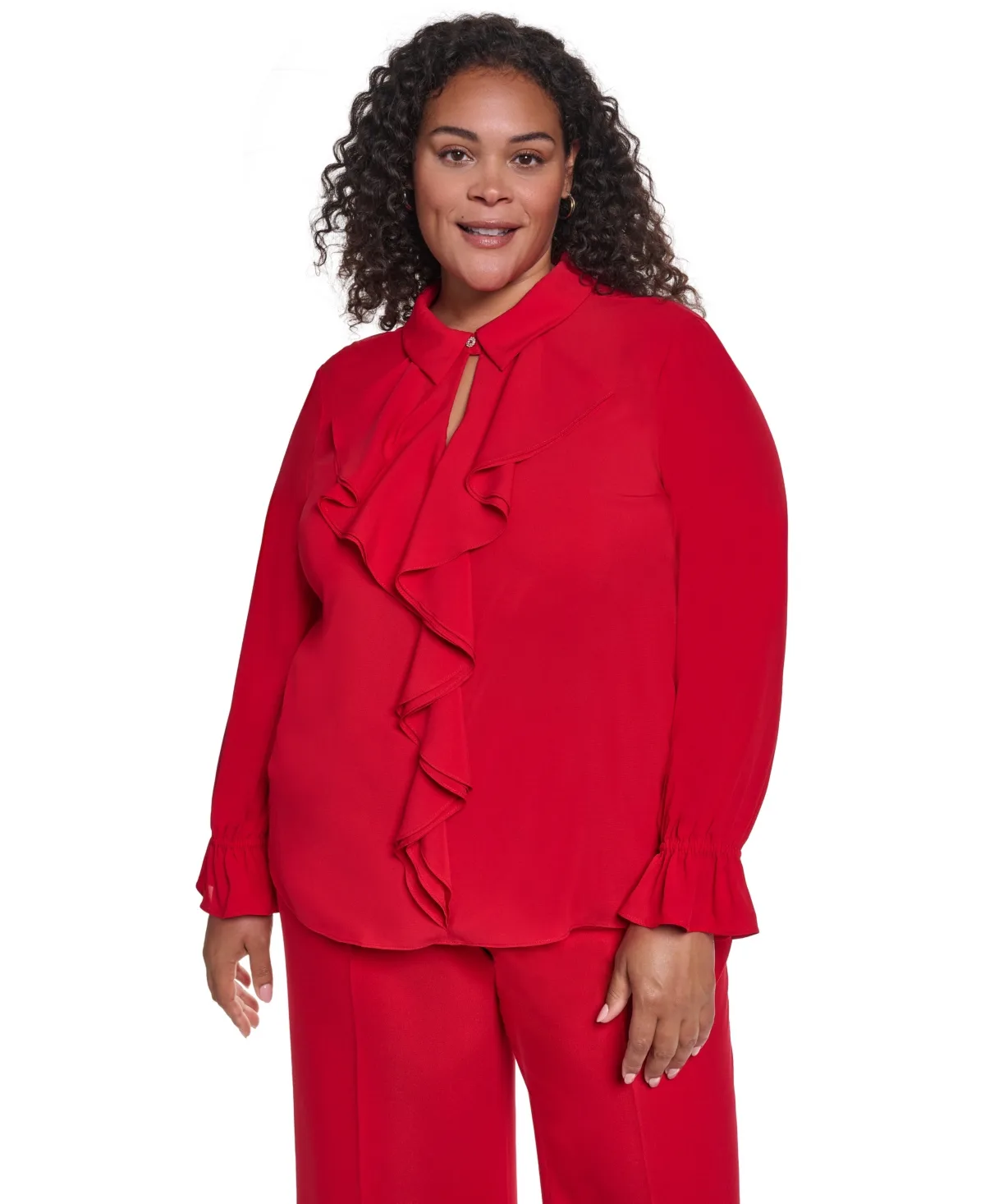 Button-Up Ruffle-Trim Keyhole Blouse by Karl Lagerfeld
