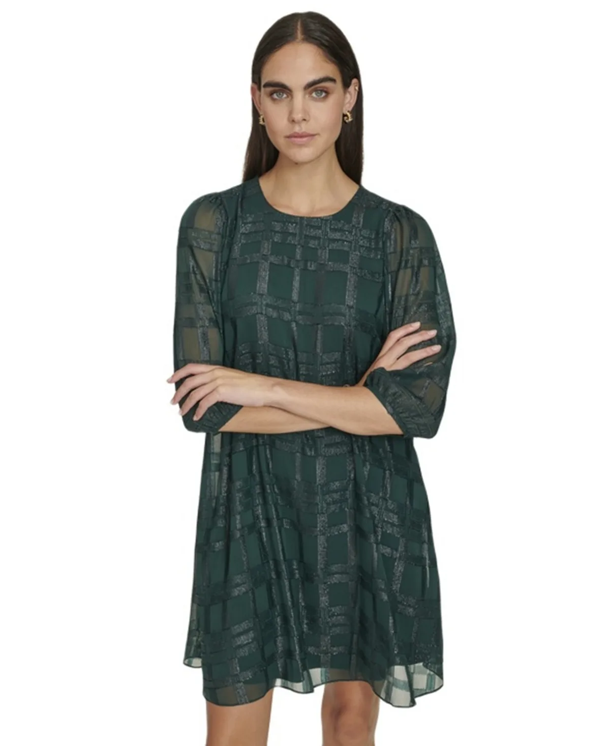 Metallic Geometric-Print 3/4-Sleeve Shift Dress by Calvin Klein