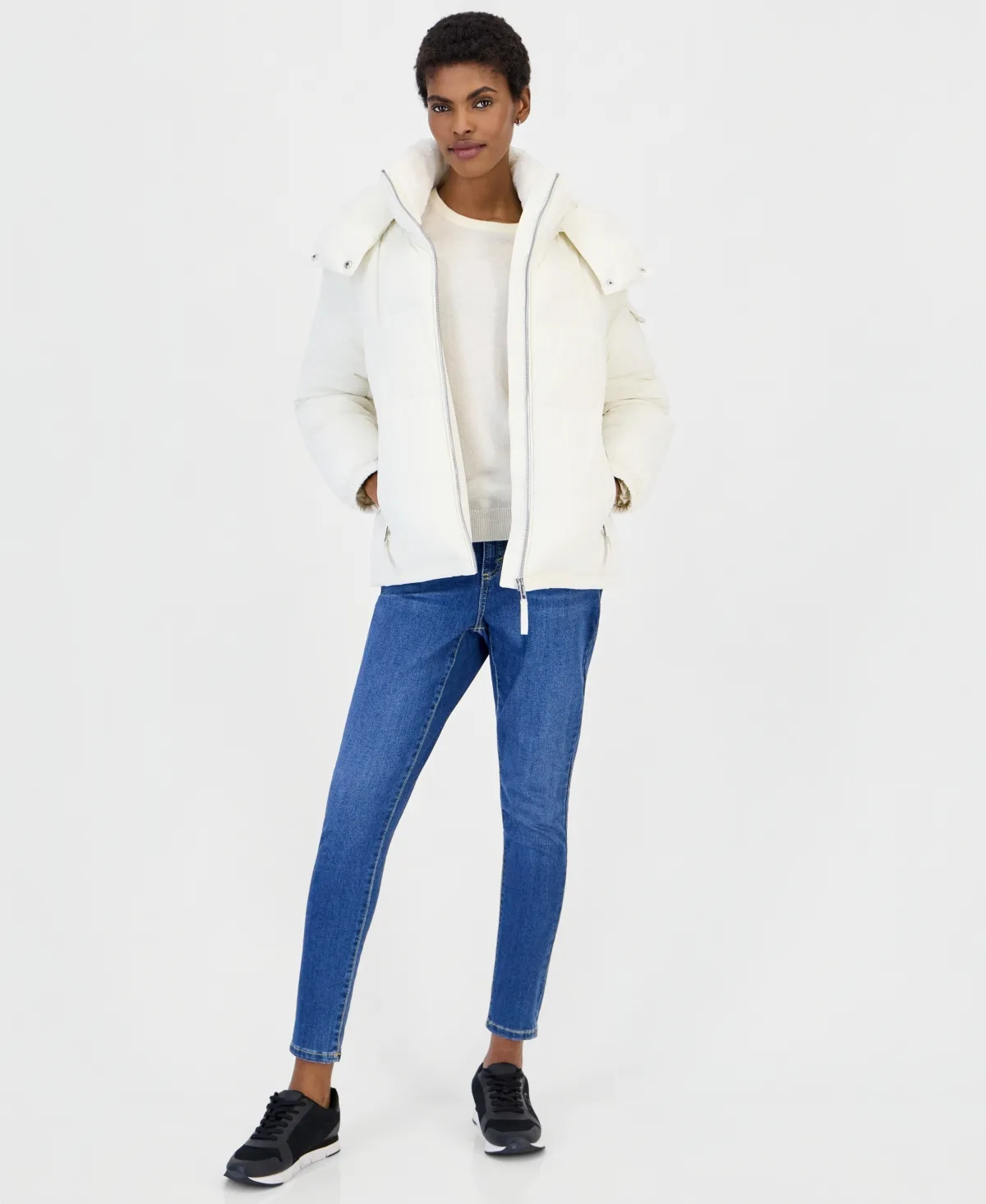 Hooded Short Faux Fur Collar Puffer Coat by Calvin Klein
