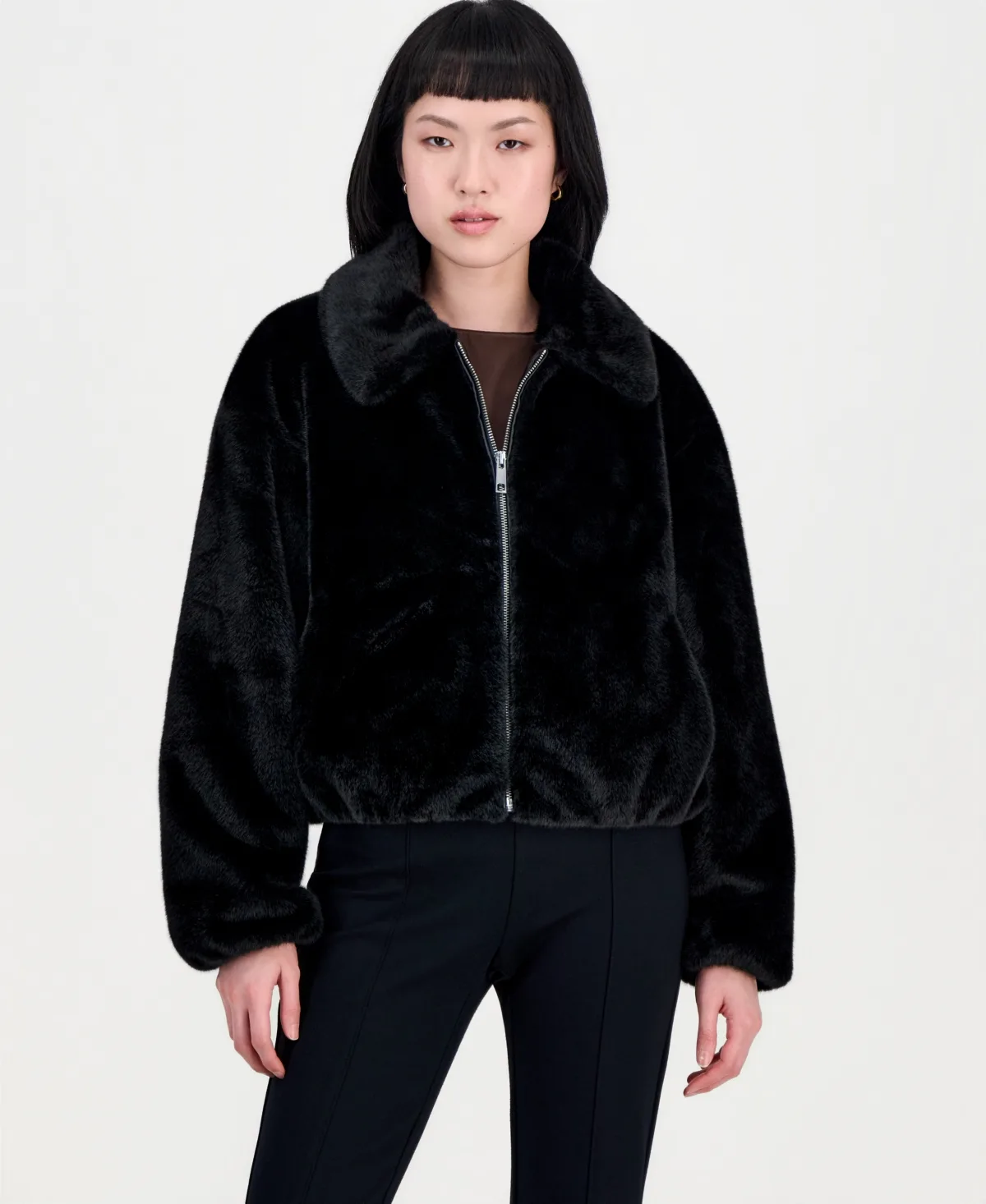 Collared Faux-Fur Bomber Coat by CeCe