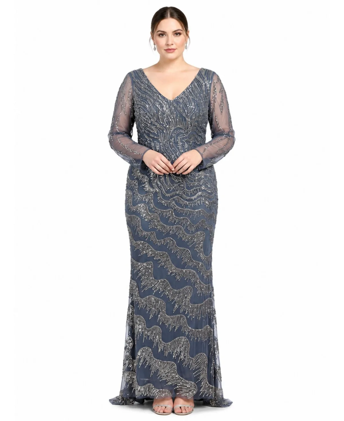 Long Sleeve V-Neck Sheath Gown by Lara