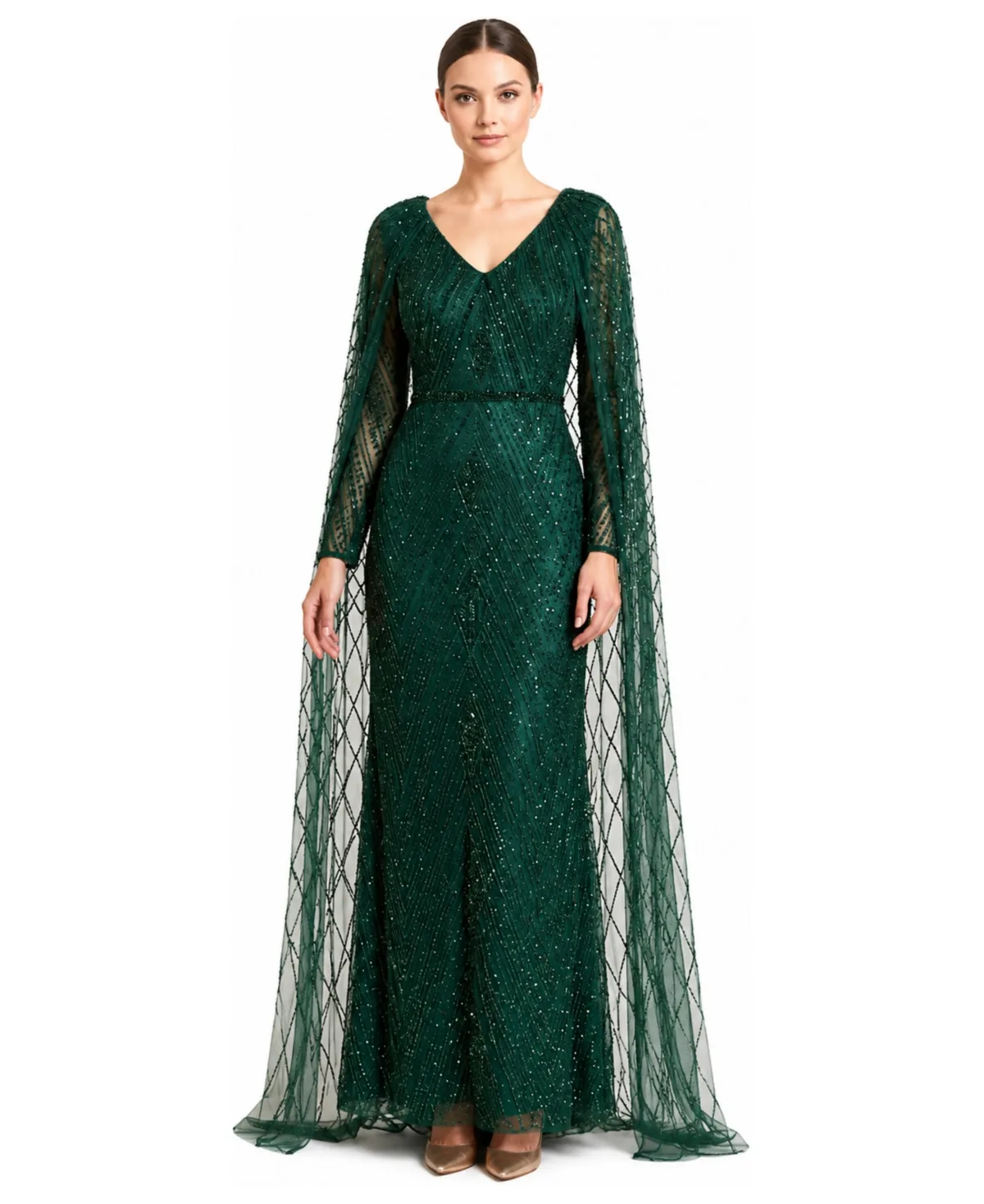 V-Neck Beaded Dress with Long Cape by Lara