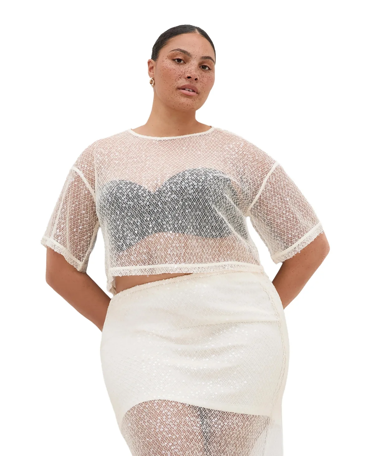 Stardust Sheer-Mesh Sequin Crop Top by City Chic