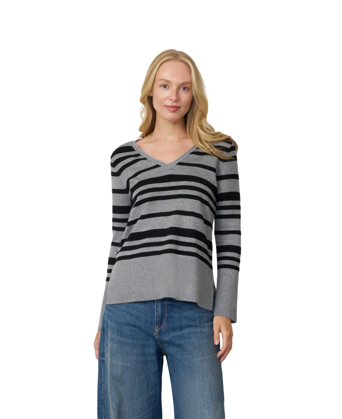 Textured Stripe V-Neck Long-Sleeve Sweater by Cable & Gauge