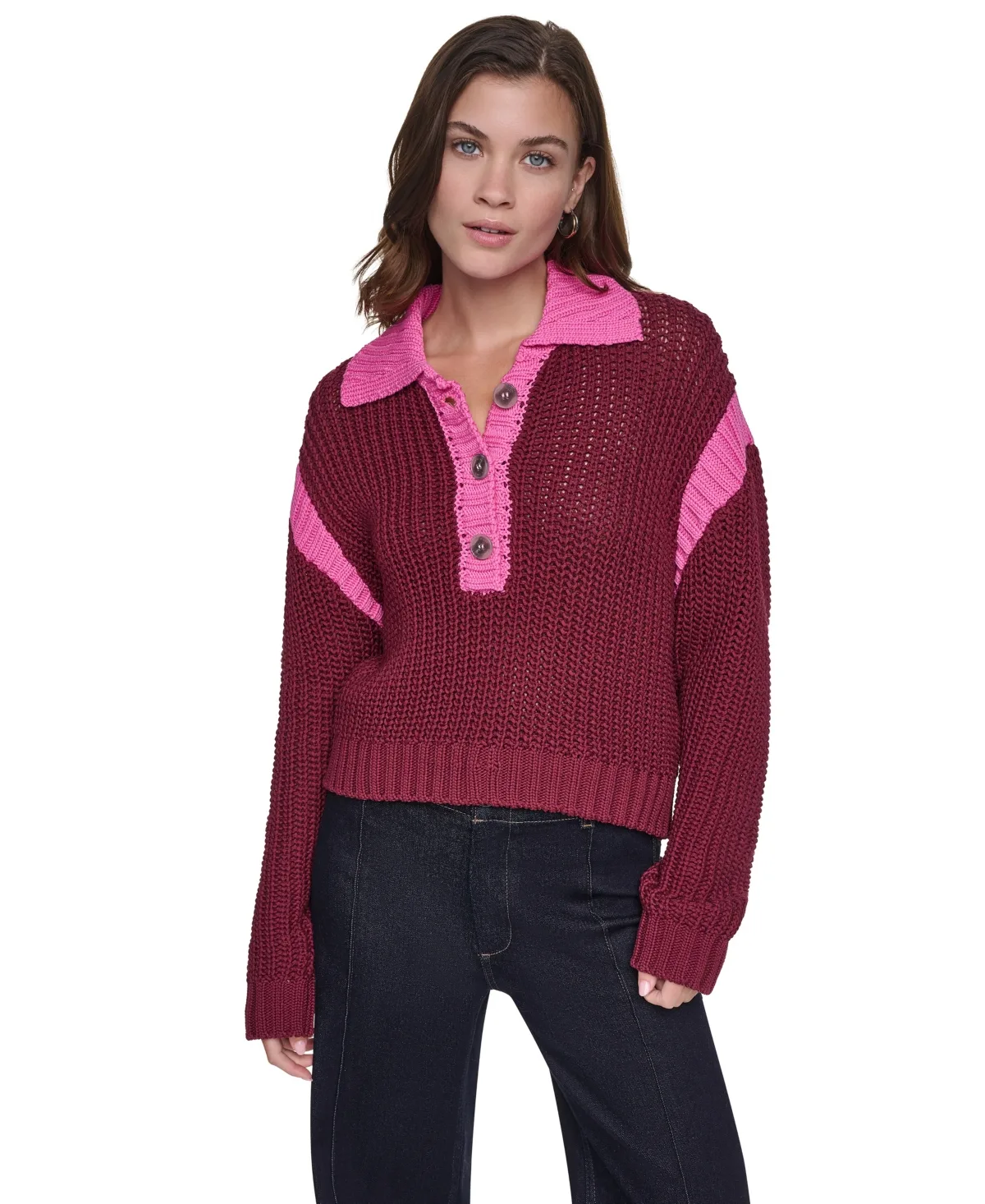 Henley Colorblock Drop-Shoulder Sweater by DKNY