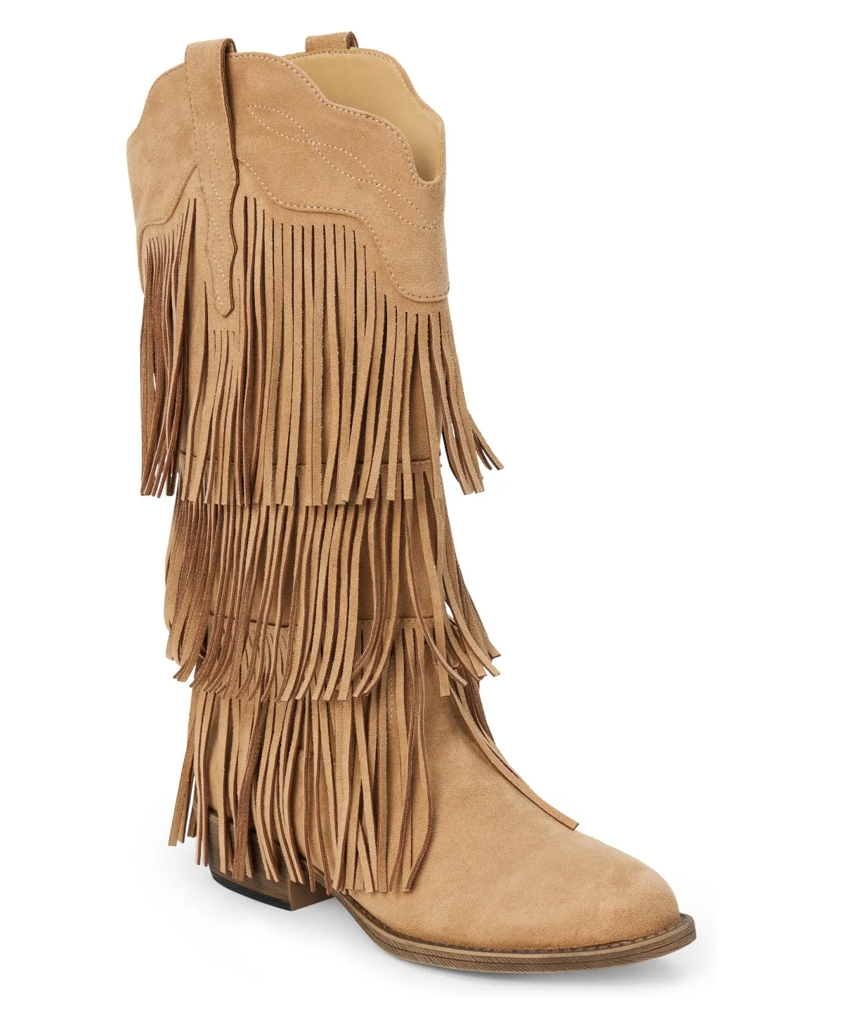 Saloon Western Suede Scalloped-Topline Tiered-Fringe Boots