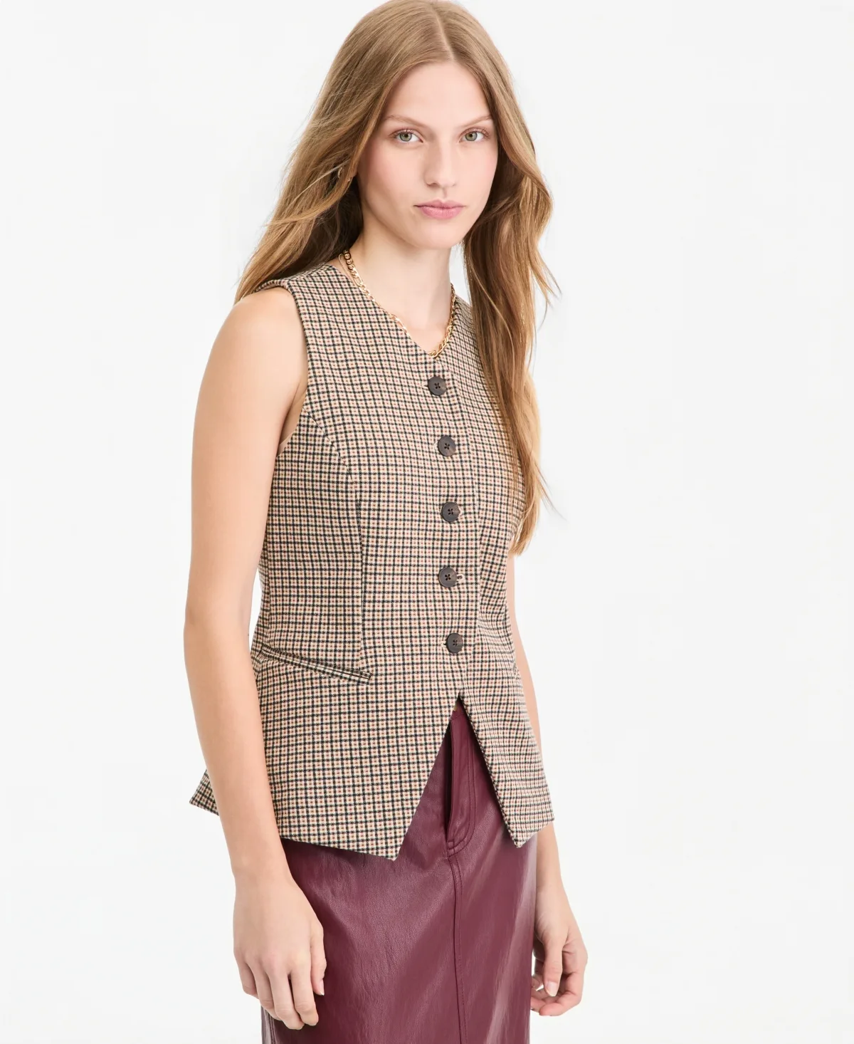 Vivienne Check Longline V-Neck Vest by On 34th