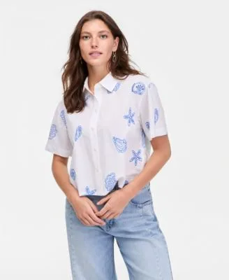 Cotton Two Tone Embroidered Eyelet Short Sleeve Shirt by On 34th