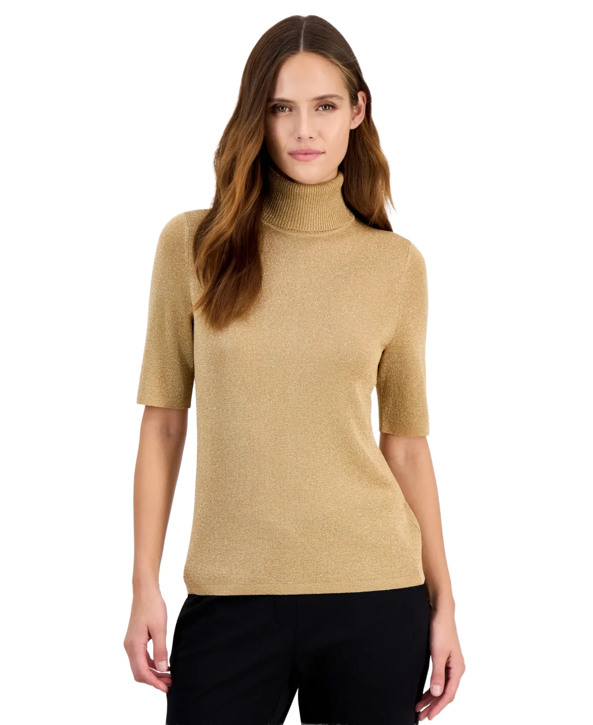 Lurex Short-Sleeve Turtleneck Sweater by Anne Klein