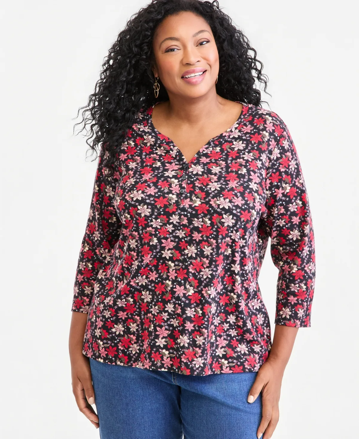 Printed 3/4-Sleeve Henley Top by Style & Co