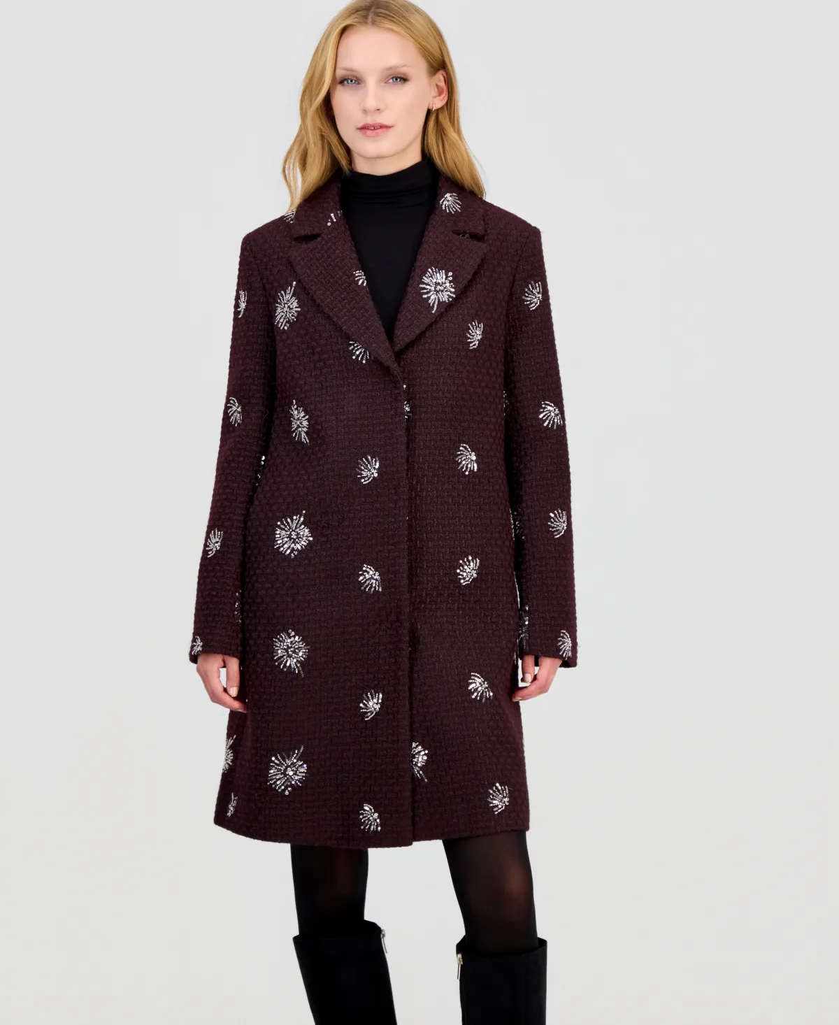 Boucle-Sequin Mid-Length Coat by CeCe
