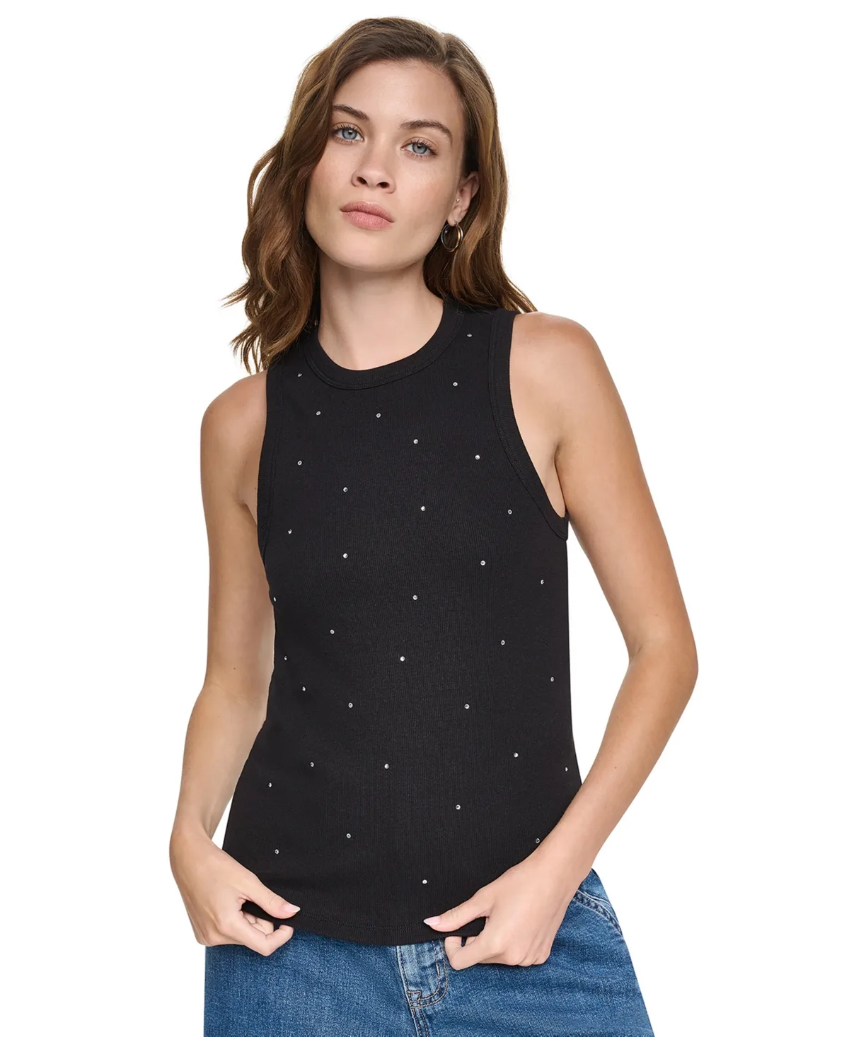 Rhinestones Ribbed Tank Top by DKNY