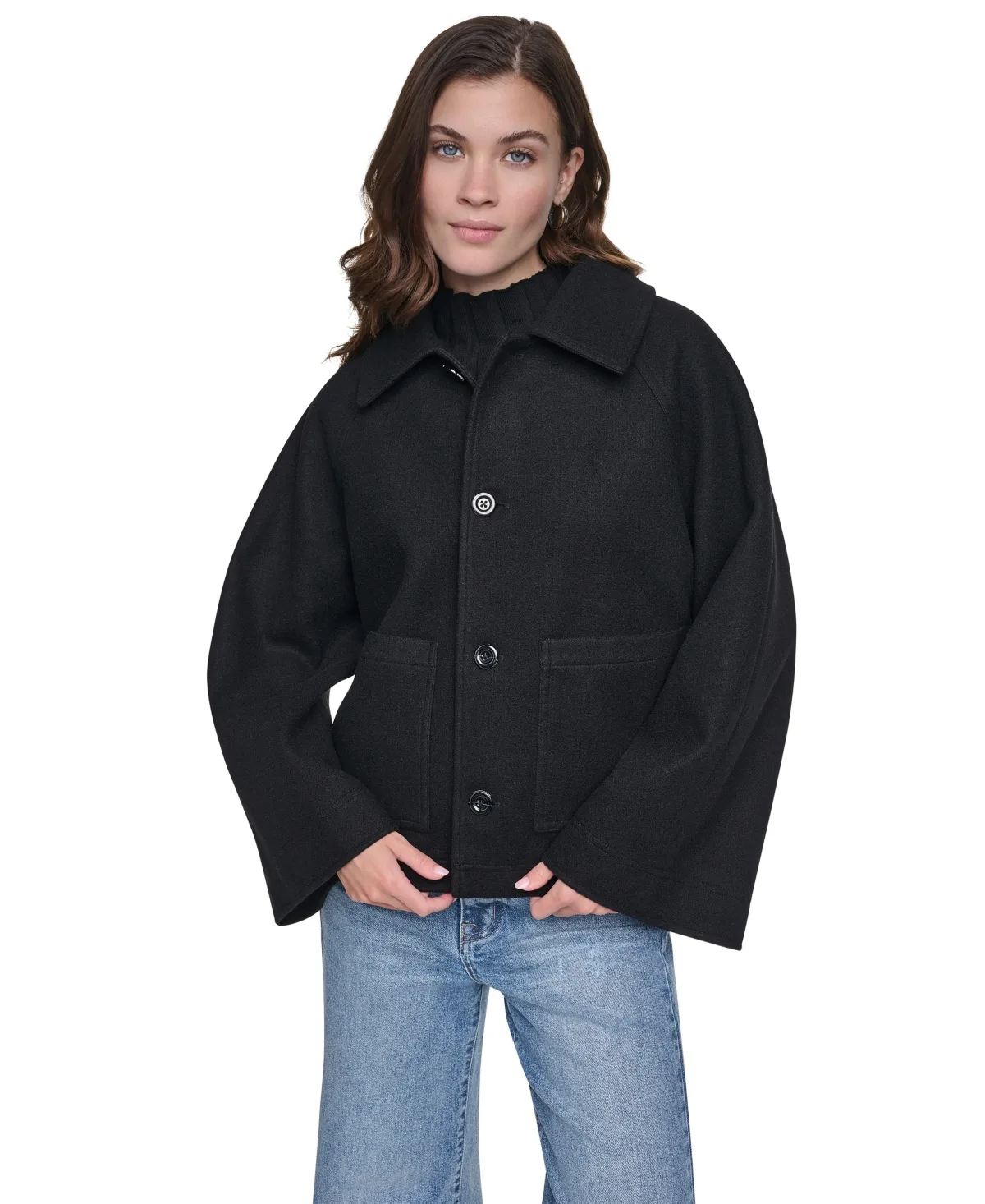 Raglan Sleeve Button Front Swing Lined Coat by DKNY