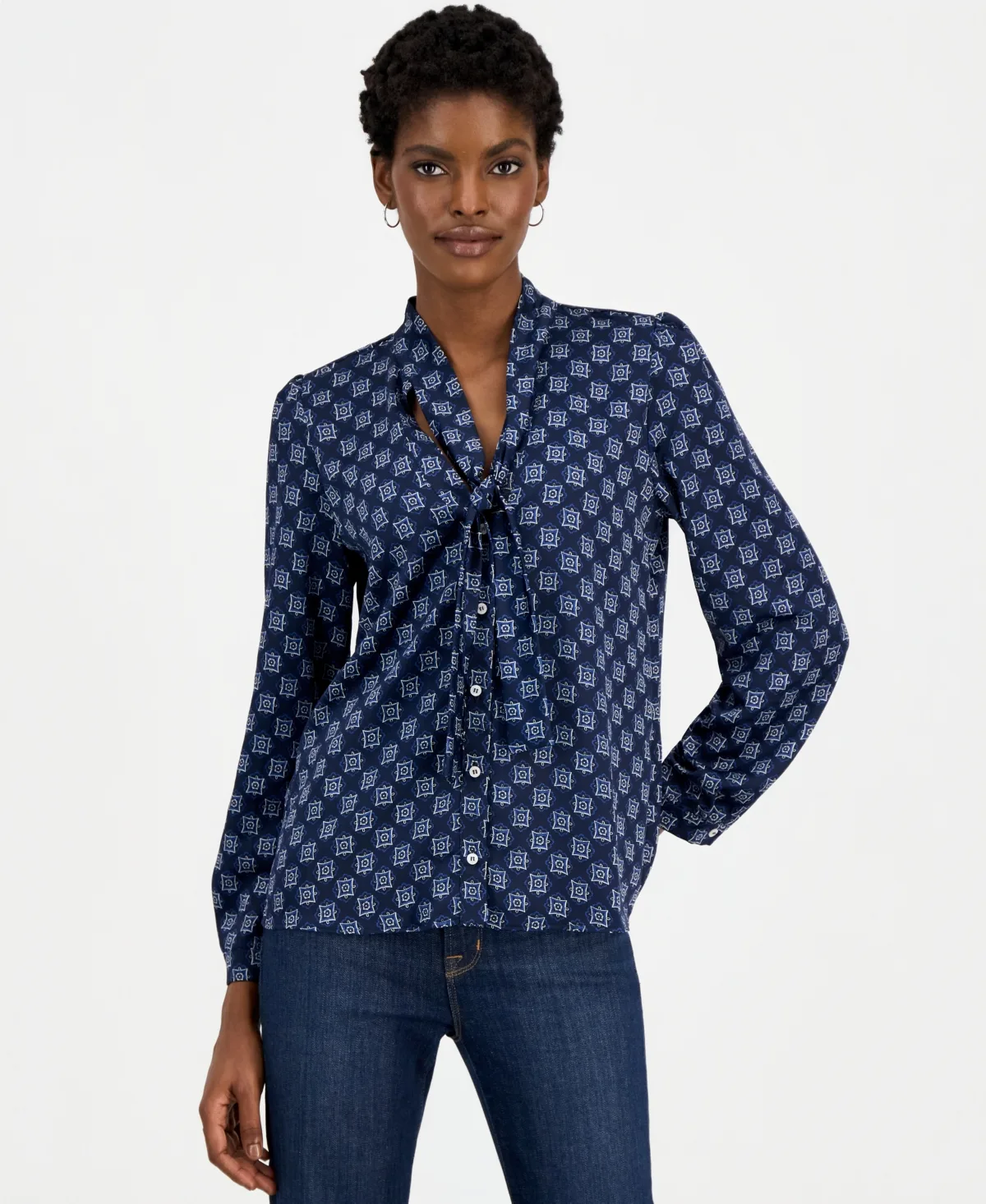 Emmalbore Long-Sleeve V-Neck Geometric-Print Blouse by Emme Marella