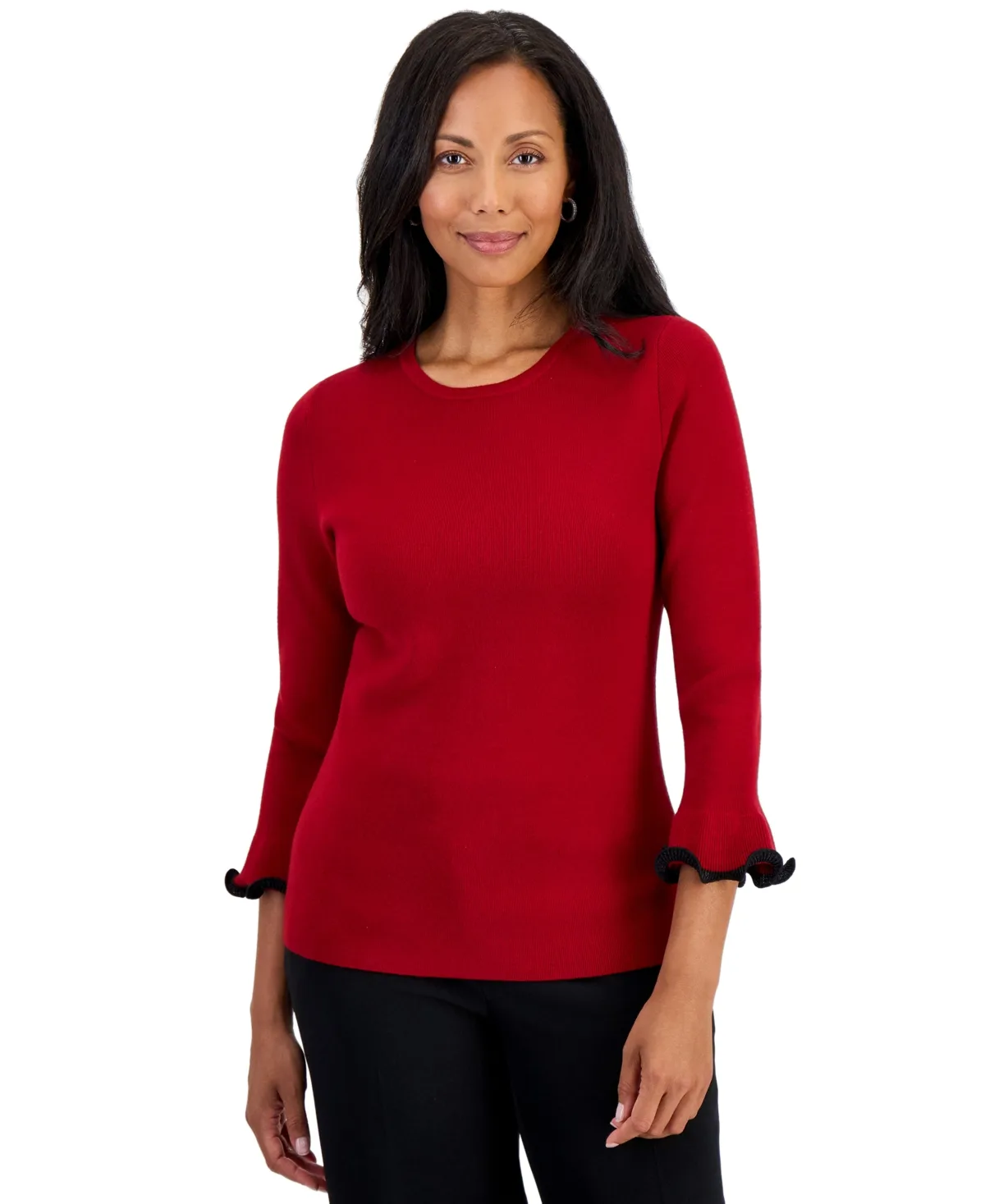 Crew Neck Sculptural Cuff 3/4-Sleeve Sweater by Kasper