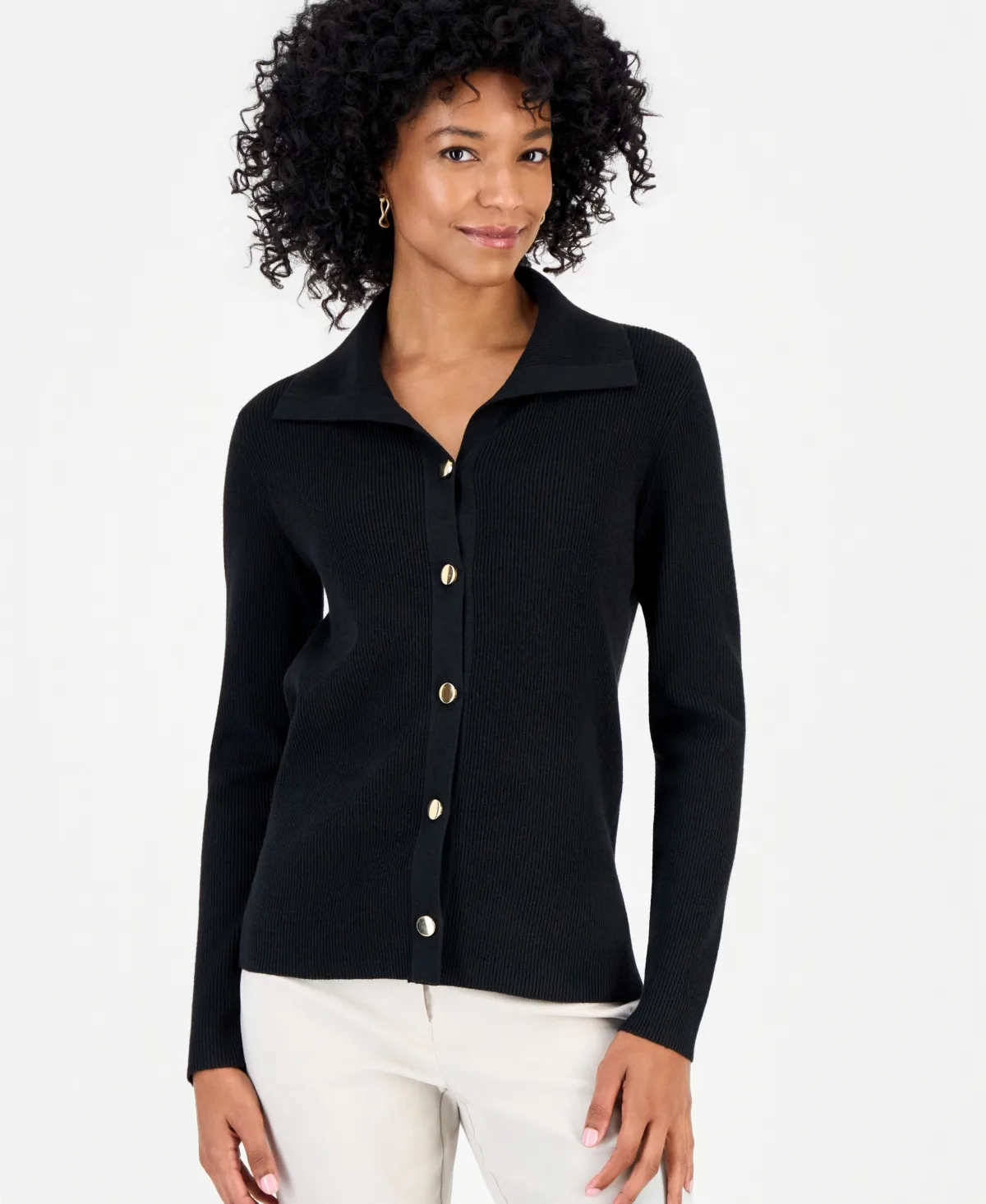 Collared Long-Sleeve Button Cardigan by JM Collection