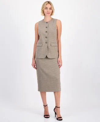 Five Button Crewneck Vest Houndstooth Pencil Skirt by Anne Klein