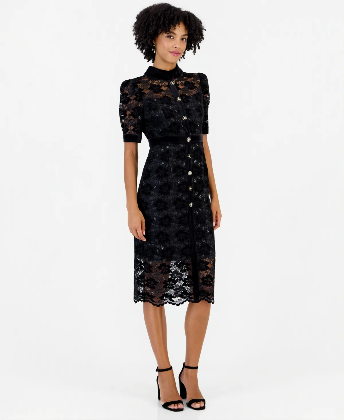 Lace and Velvet Floral Midi Shirt Dress by Tahari