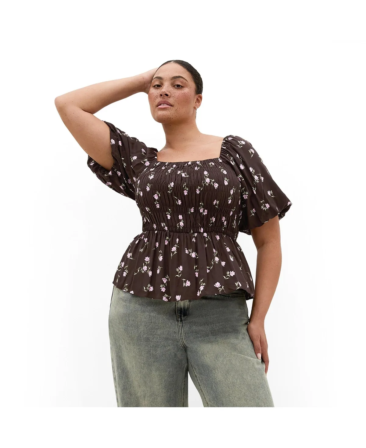 Aire Peplum Floral-Print Square-Neck Top by City Chic