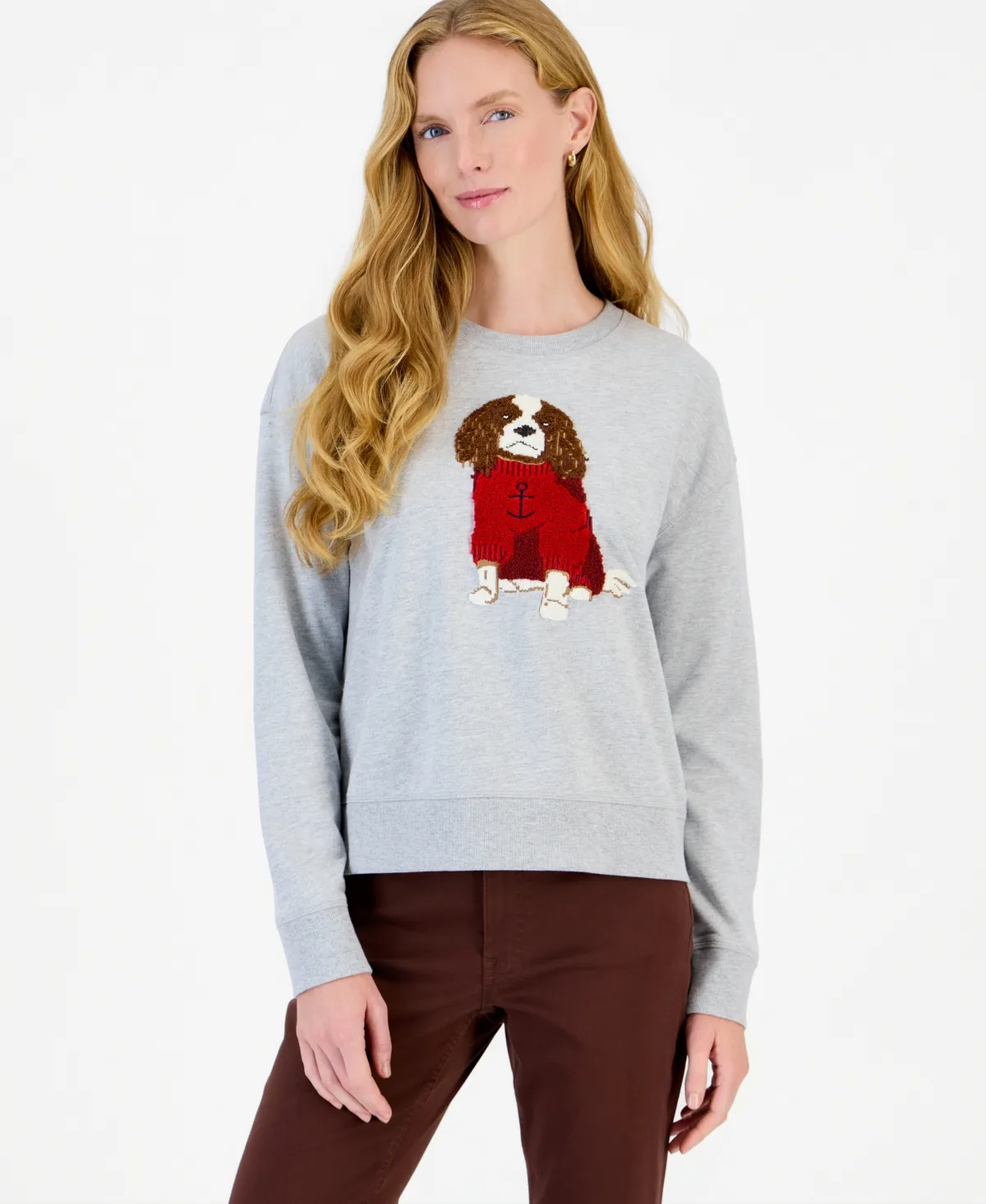 Crewneck Long-Sleeve Chenille-Embroidered Dog Graphic Sweatshirt by Nautica