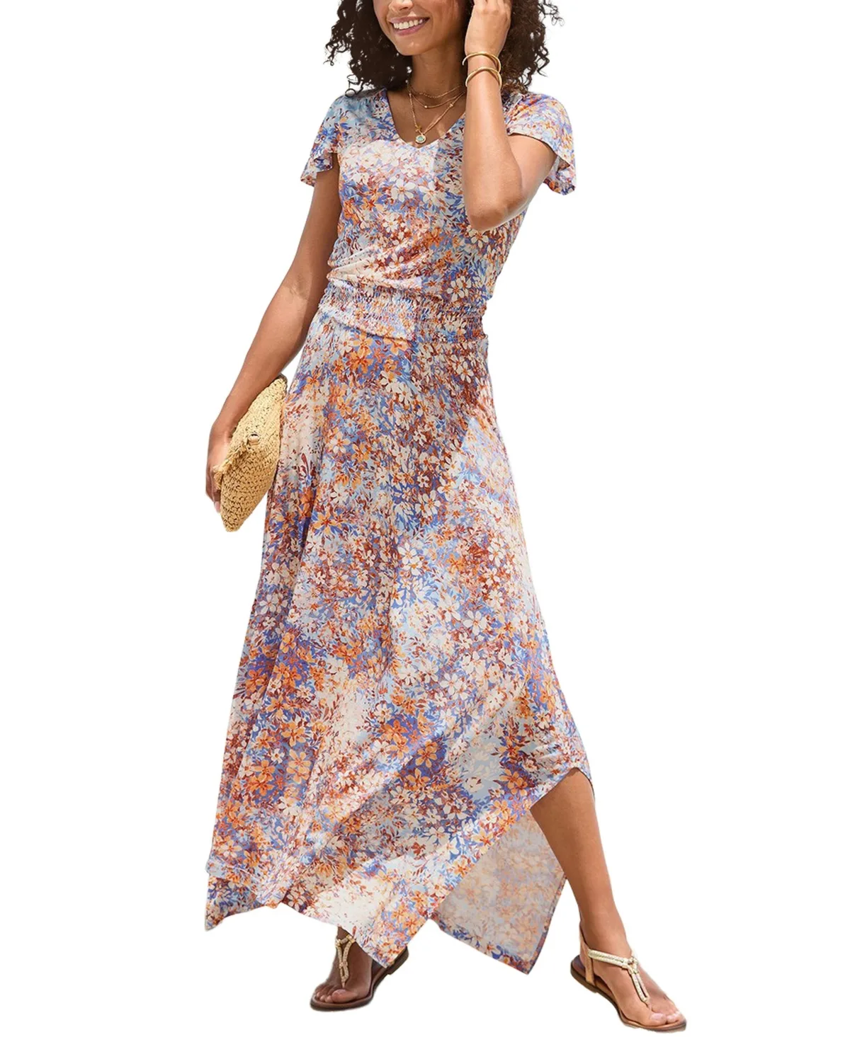 Viscose Floral Print A-Line V-Neck Smocked-Waist Maxi Dress by Lascana